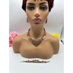 Tibetan Coral & Copal Jewelry Set Necklace Bracelet Earrings Tibetan Silver